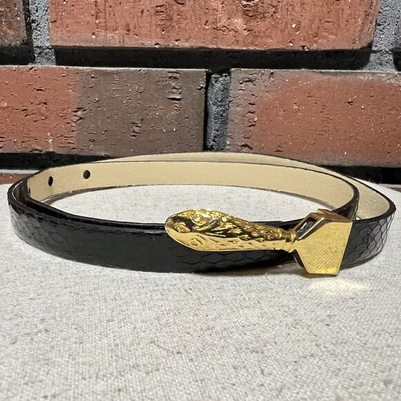 Stanley Blacker Snakeskin Belt Black with Snake Head Buckle Clasp Vintage - Picture 1 of 9